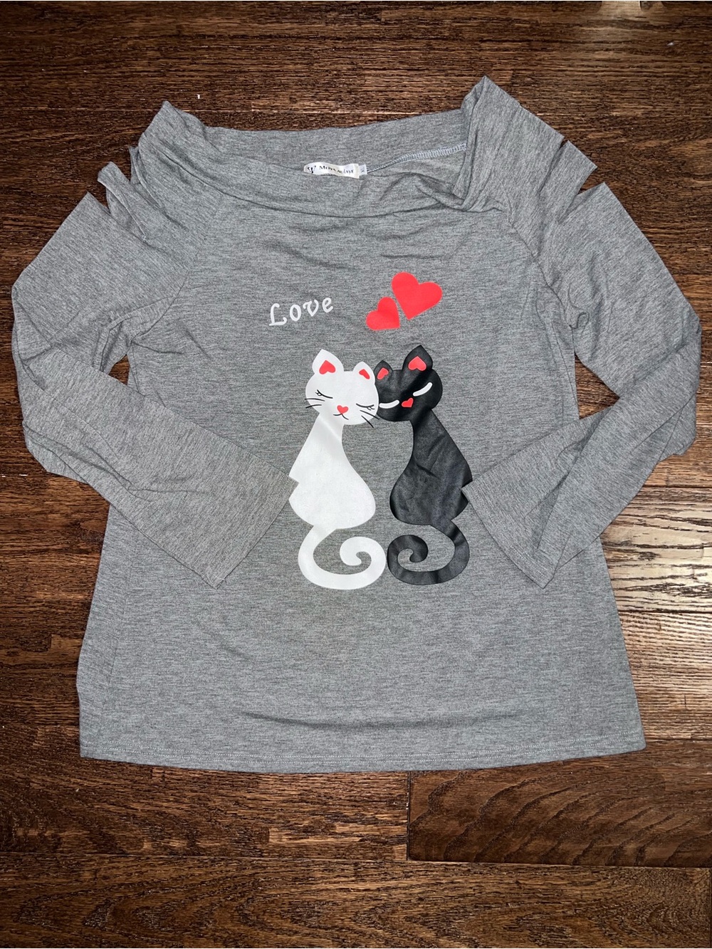 Gray Long Sleeve Top with White & Black Cat Love Graphic